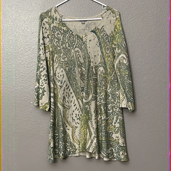 J Jill woman’s 3/4 sleeve tunic style top Paisley tan green Silk Cotton Cashmere - Picture 2 of 12